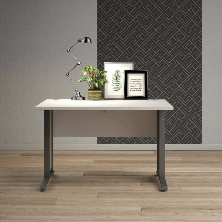 Scrivania Albertine, Scrittoio multiuso, Tavolo per ufficio porta PC, Piano di lavoro, 120x80 h75 cm, Bianco e Grigio