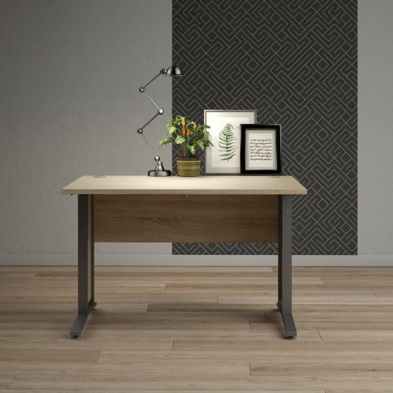 Scrivania Albertine, Scrittoio multiuso, Tavolo per ufficio porta PC, Piano di lavoro, 120x80 h75 cm, Grigio e Quercia