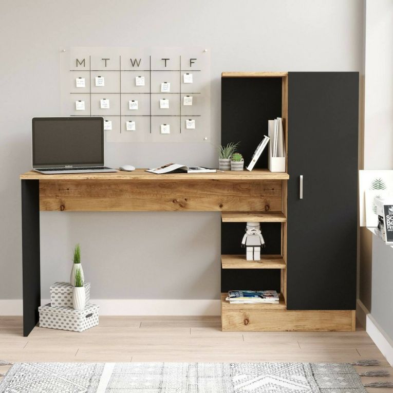Scrivania Ancha, Scrittoio angolare, Tavolo ufficio multiuso, Scrivania salvaspazio multi posizione, 152x40h120 cm, Quercia e Nero