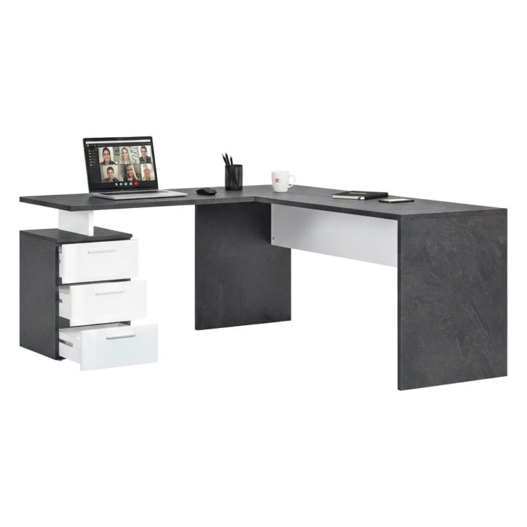 Scrivania angolare ardesia e bianca lucida 180x60cm con 3 cassetti - Ascuby