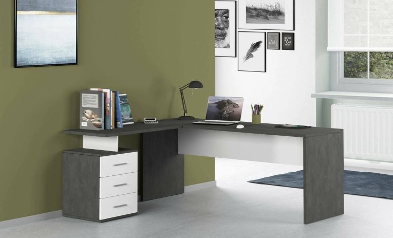Scrivania angolare ardesia e bianca lucida 180x60cm con 3 cassetti - Ascuby