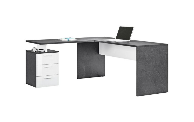 Scrivania angolare ardesia e bianca lucida 180x60cm con 3 cassetti - Ascuby