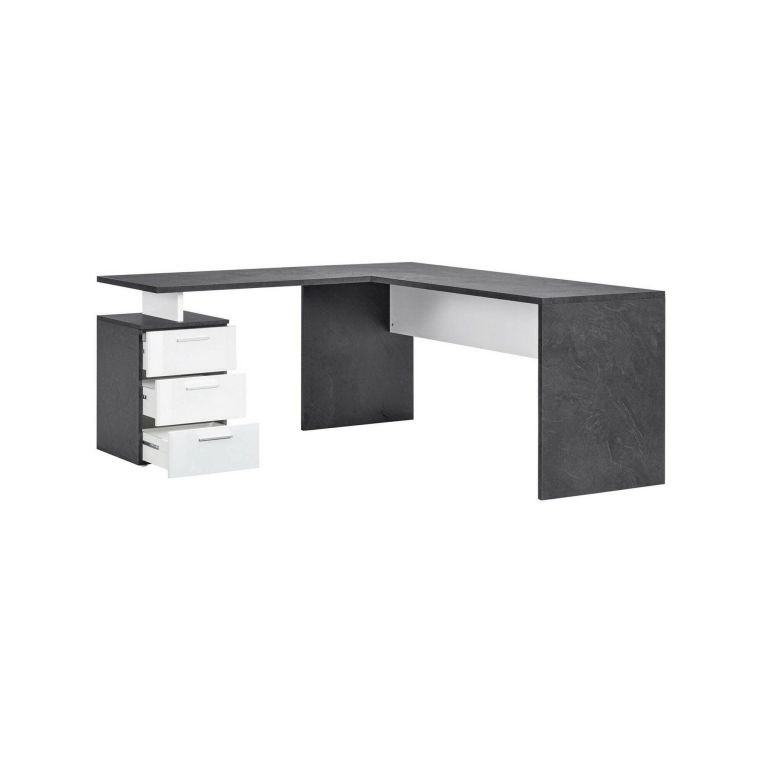 Scrivania angolare ardesia e bianca lucida 180x60cm con 3 cassetti - Ascuby