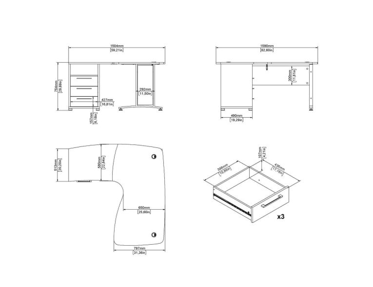 Scrivania angolare bianca 159x150cm con 3 cassetti - Estong