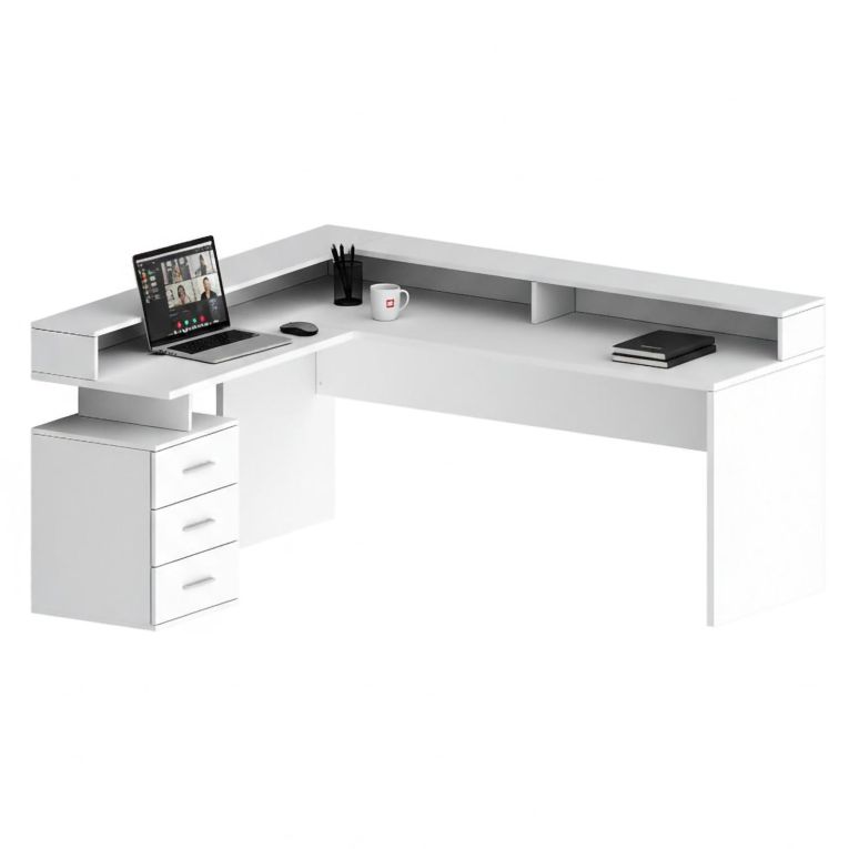 Scrivania angolare bianca 180x90cm con 3 cassetti - Leonilda