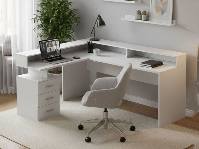 Scrivania angolare bianca 180x90cm con 3 cassetti - Leonilda