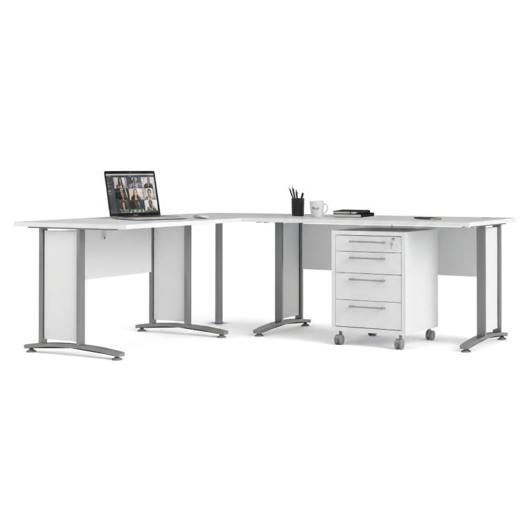 Scrivania angolare bianca e grigia 230x200cm con 4 cassetti - Agerato