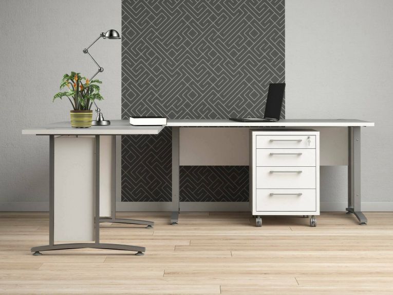 Scrivania angolare bianca e grigia 230x200cm con 4 cassetti - Agerato