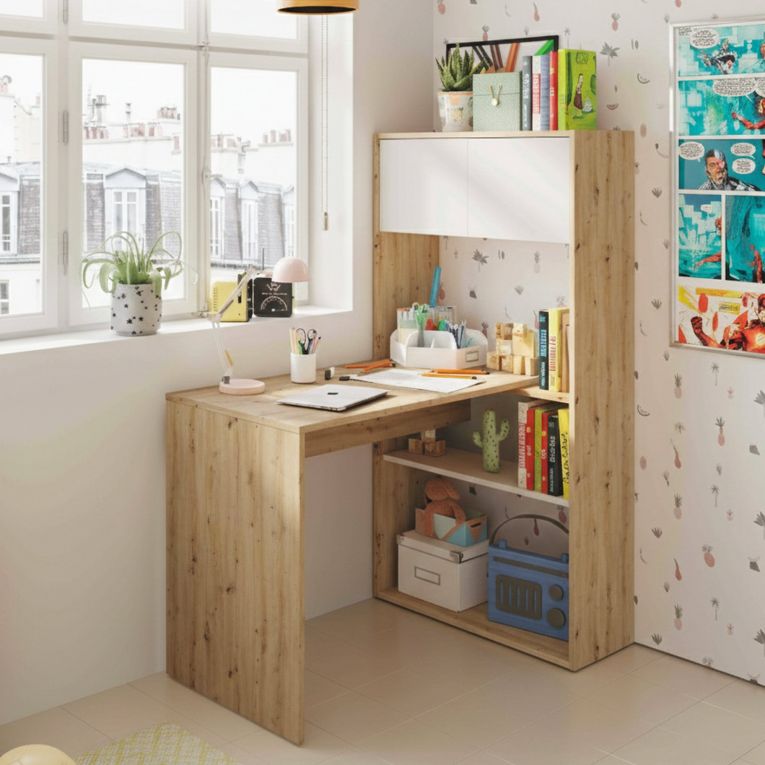 Scrivania angolare bianca e legno 108x140cm con libreria - Apogee