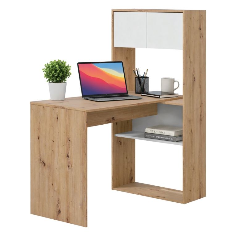 Scrivania angolare bianca e legno 108x140cm con libreria - Apogee