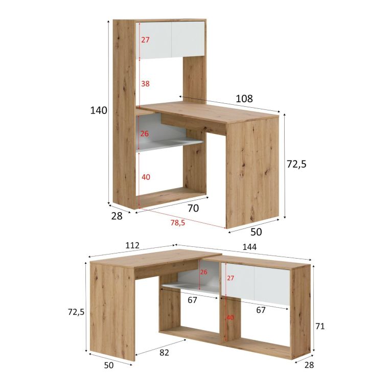 Scrivania angolare bianca e legno 108x140cm con libreria - Apogee