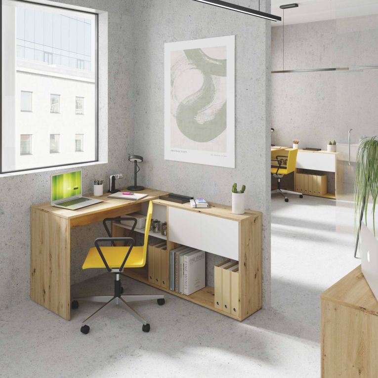 Scrivania angolare bianca e legno 108x140cm con libreria - Apogee
