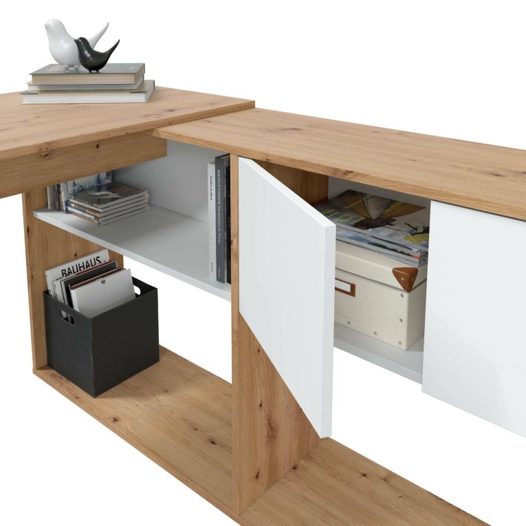 Scrivania angolare bianca e legno 108x140cm con libreria - Apogee