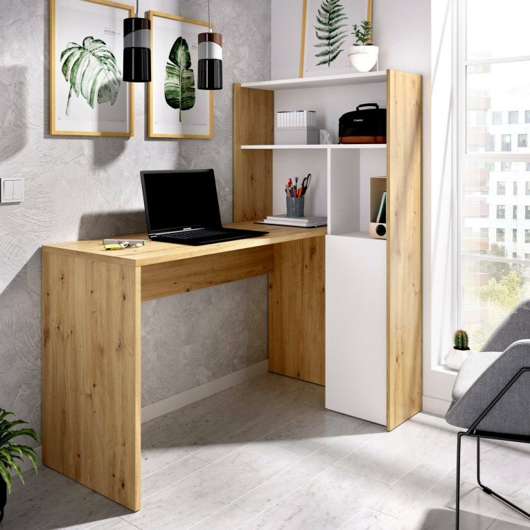 Scrivania angolare bianca e rovere nodi 110x81cm con libreria - Aiden
