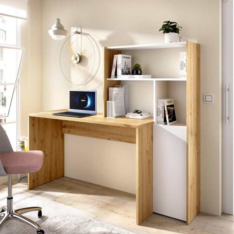 Scrivania angolare bianca e rovere nodi 110x81cm con libreria - Aiden