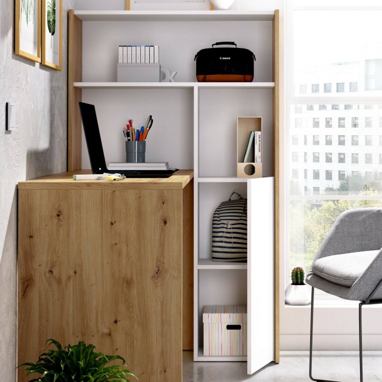 Scrivania angolare bianca e rovere nodi 110x81cm con libreria - Aiden