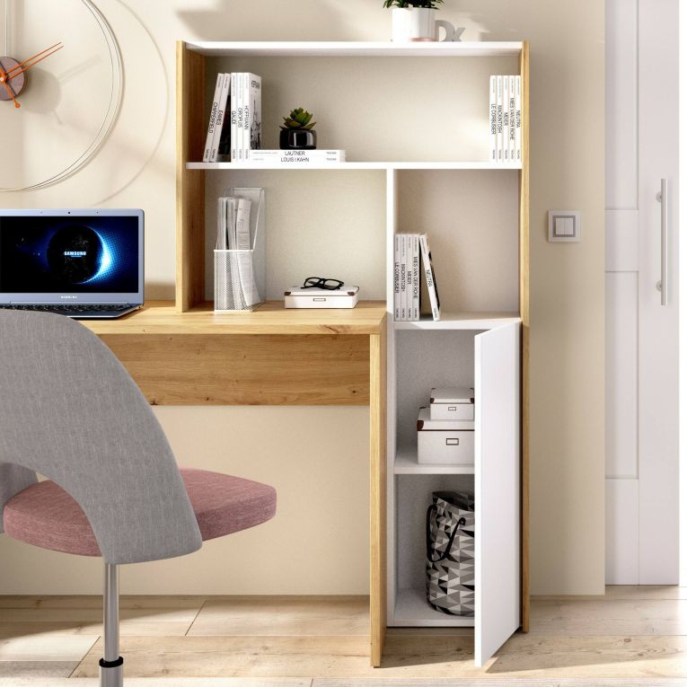 Scrivania angolare bianca e rovere nodi 110x81cm con libreria - Aiden