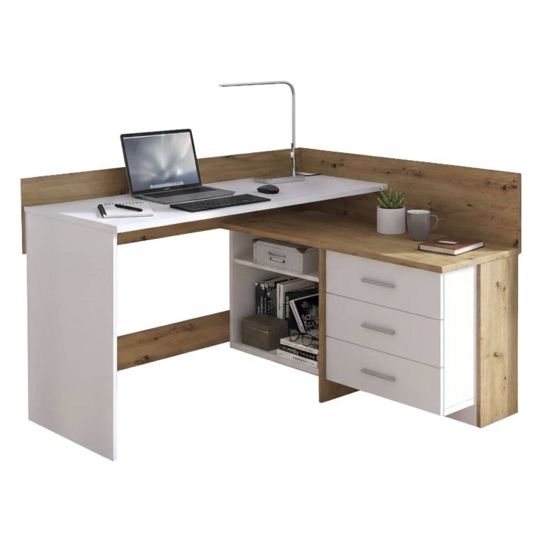 Scrivania angolare bianca e rovere nodi 130x111cm con 3 cassetti - Elsa