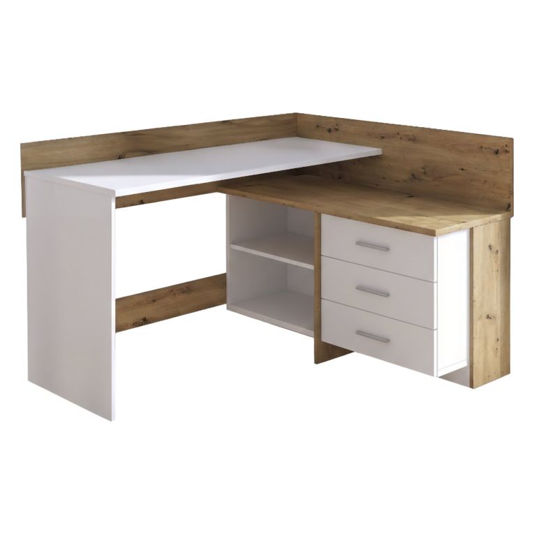 Scrivania angolare bianca e rovere nodi 130x111cm con 3 cassetti - Elsa