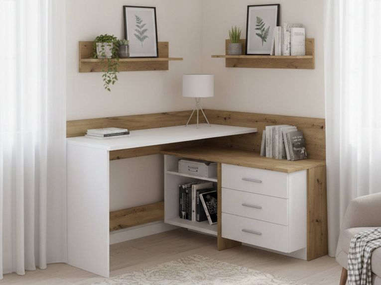 Scrivania angolare bianca e rovere nodi 130x111cm con 3 cassetti - Elsa