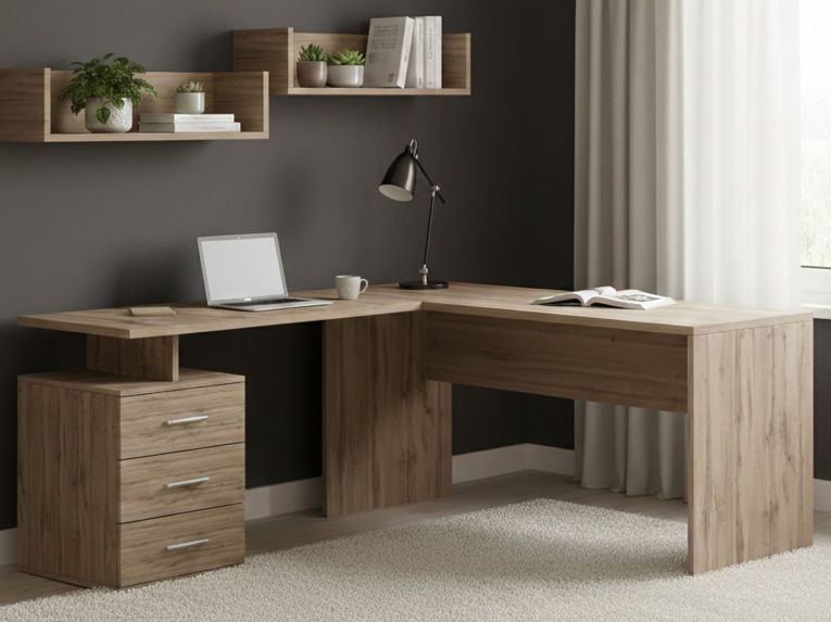 Scrivania angolare rovere 180x60cm con 3 cassetti - Ascuby