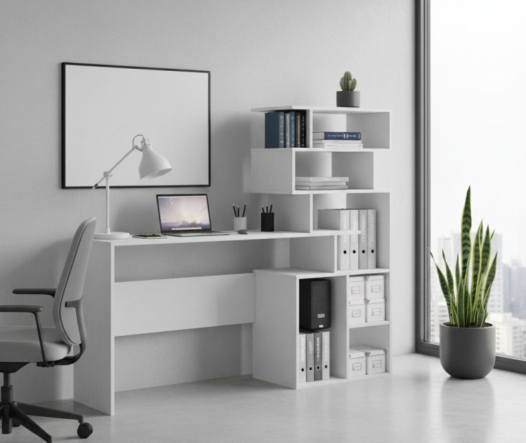 Scrivania Arrecife, Scrittoio con libreria, Scrivania da ufficio, Scrivania lineare salvaspazio multiuso, 159x40h135 cm, Bianco