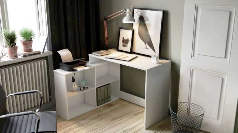 Scrivania Arros, Scrittoio multiuso, Tavolo per ufficio porta PC, Piano di lavoro, 112x101 h77 cm, Bianco opaco
