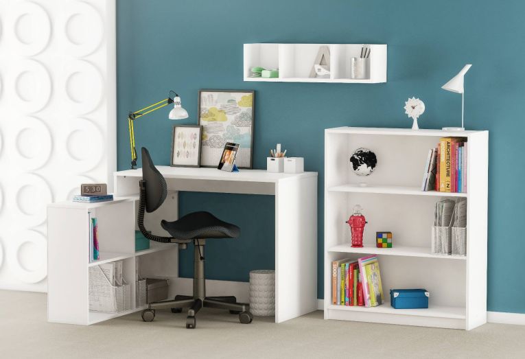 Scrivania Arros, Scrittoio multiuso, Tavolo per ufficio porta PC, Piano di lavoro, 112x101 h77 cm, Bianco opaco
