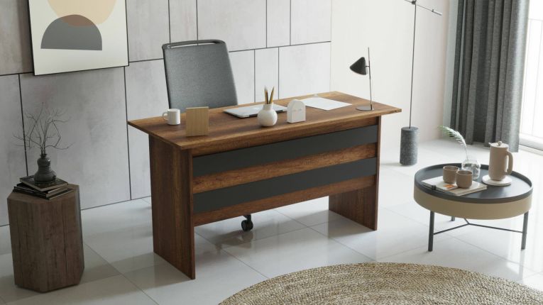 Scrivania Ashtar, Scrittoio multiuso, Tavolo per ufficio porta PC, Piano di lavoro, 140x60 h74 cm, Noce e Antracite