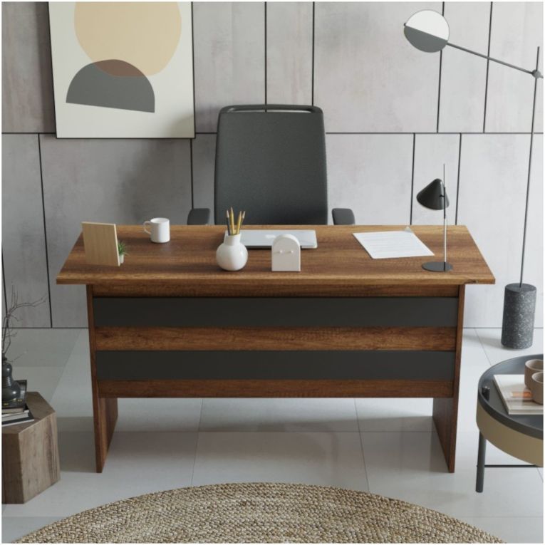 Scrivania Ashtar, Scrittoio multiuso, Tavolo per ufficio porta PC, Piano di lavoro, 140x60 h74 cm, Noce e Antracite