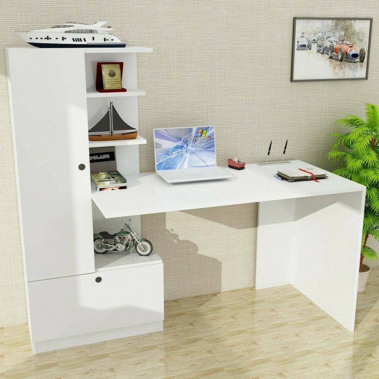 Scrivania Astra, Scrittoio angolare, Tavolo ufficio multiuso, Scrivania salvaspazio multi posizione, 150x62h140 cm, Bianco