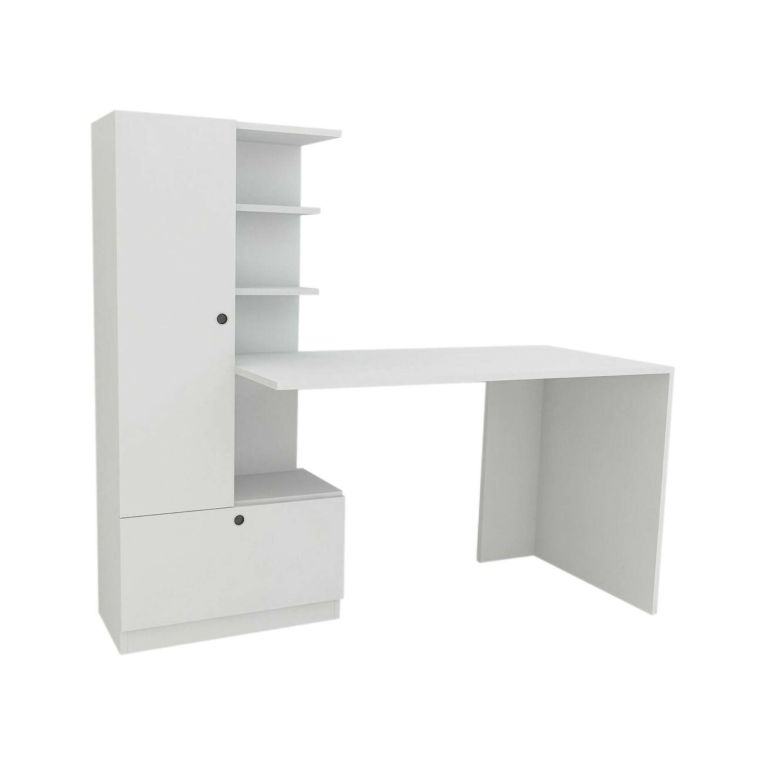 Scrivania Astra, Scrittoio angolare, Tavolo ufficio multiuso, Scrivania salvaspazio multi posizione, 150x62h140 cm, Bianco