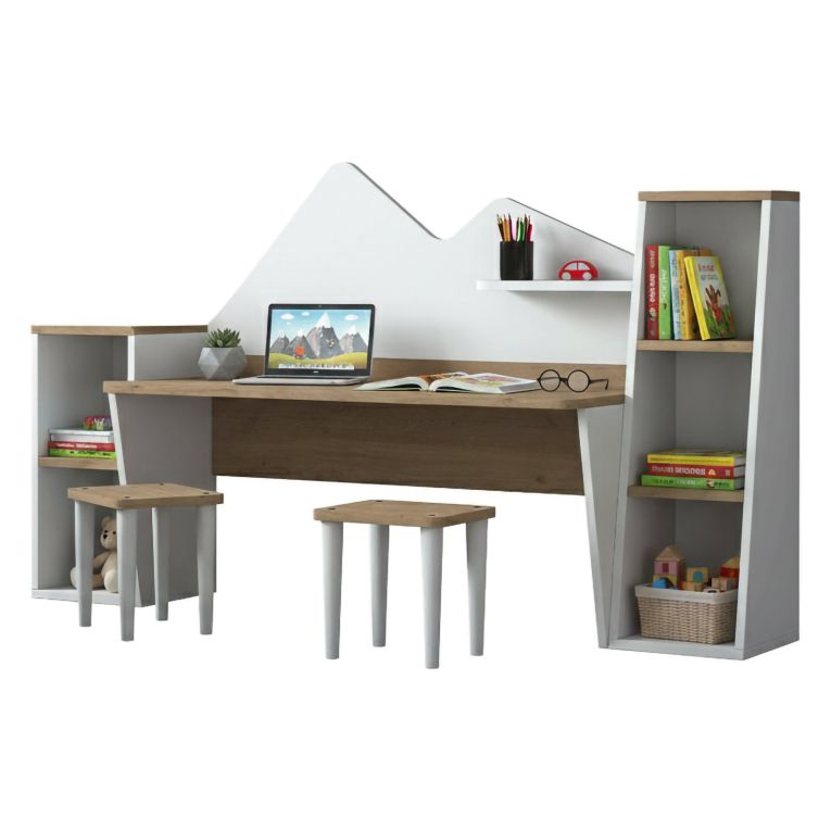 Scrivania bianca e noce 180x45cm - Set tavolo e sedie Dionisia