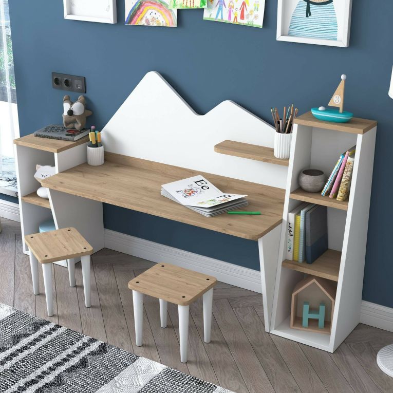 Scrivania bianca e noce 180x45cm - Set tavolo e sedie Dionisia