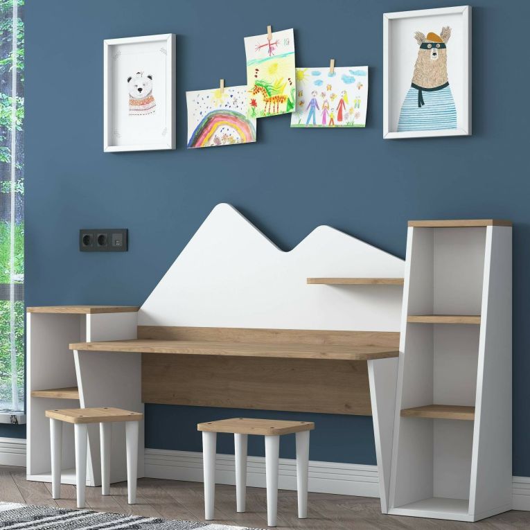 Scrivania bianca e noce 180x45cm - Set tavolo e sedie Dionisia