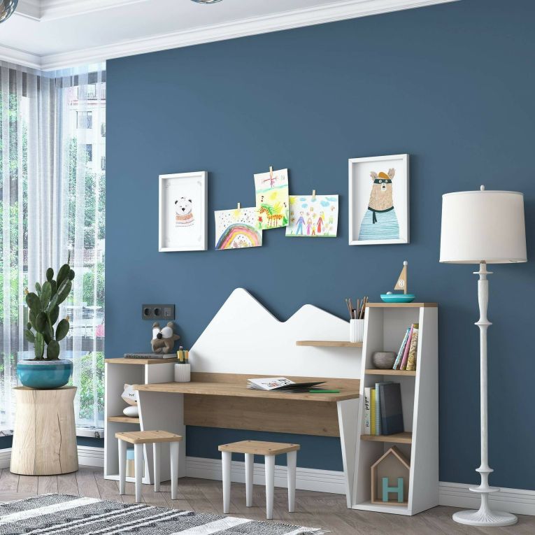 Scrivania bianca e noce 180x45cm - Set tavolo e sedie Dionisia