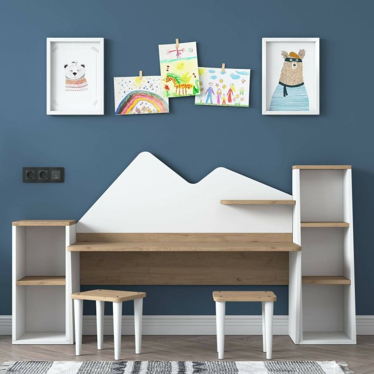 Scrivania bianca e noce 180x45cm - Set tavolo e sedie Dionisia