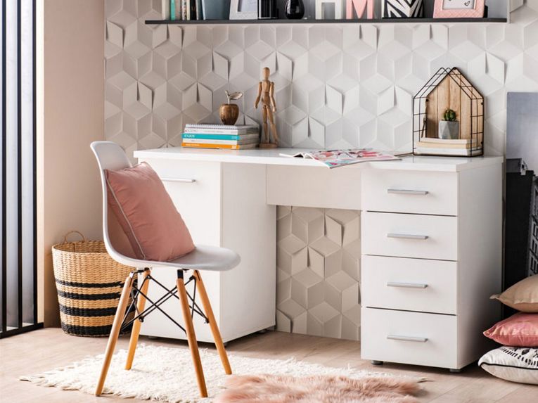 Scrivania Bianco 2 Ripiani 4 Cassetti 135x50x75.5h cm, 2 Vani - Flaminio