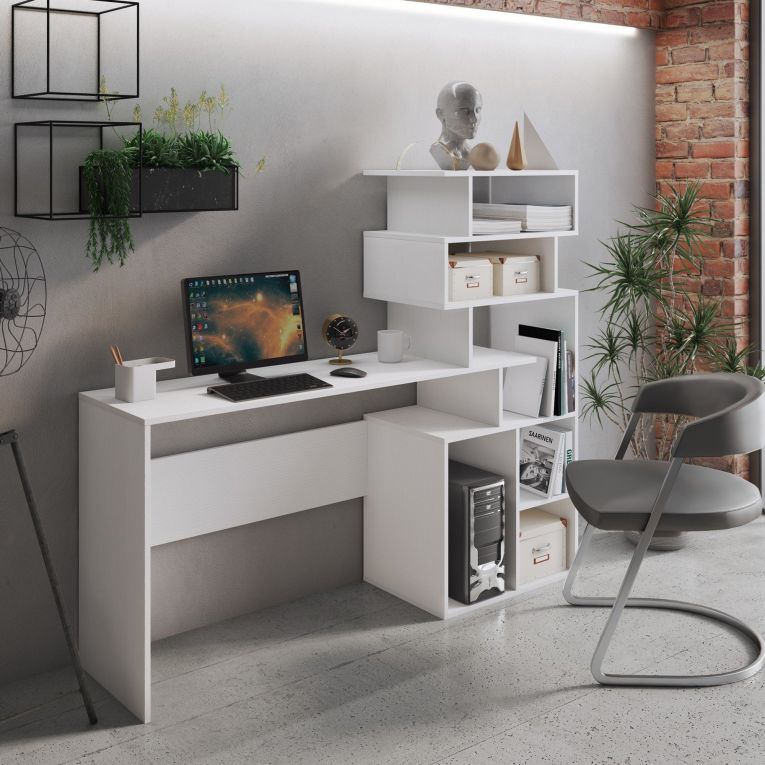 Scrivania Bianco 6 Vani Materiale Piano in Legno Nobilitato 158x40x135h cm, Colore Ripiano Bianco - Nicolosi