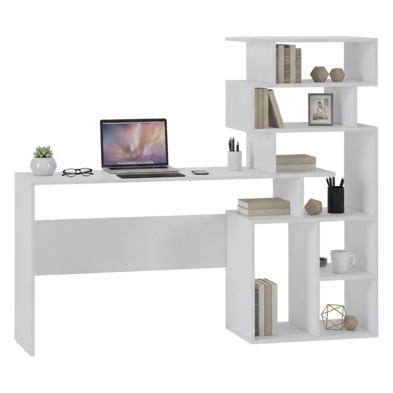Scrivania Bianco 6 Vani Materiale Piano in Legno Nobilitato 158x40x135h cm, Colore Ripiano Bianco - Nicolosi