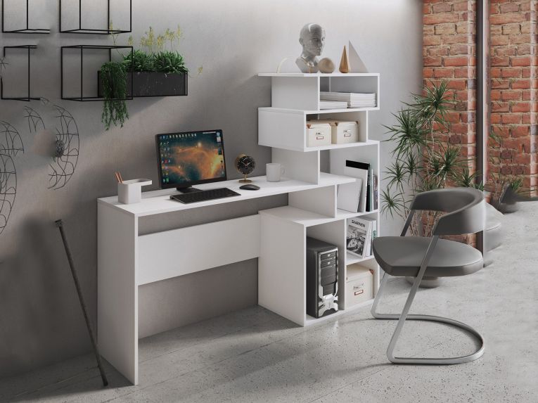 Scrivania Bianco 6 Vani Materiale Piano in Legno Nobilitato 158x40x135h cm, Colore Ripiano Bianco - Nicolosi