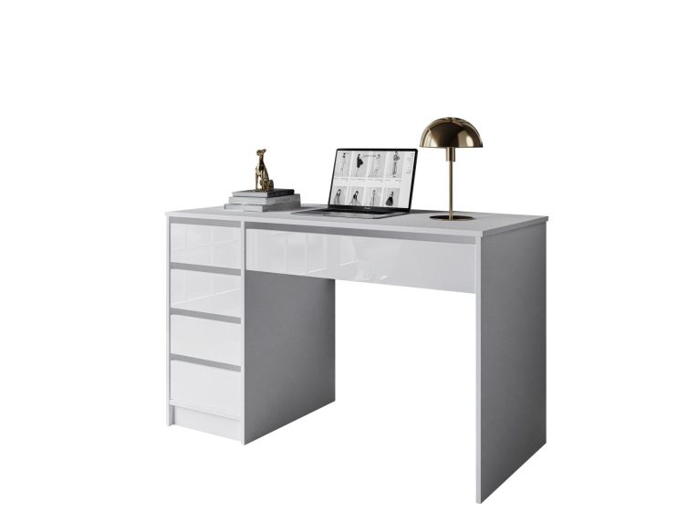 Scrivania Bianco Bianco Lucido 4 Cassetti Modulabile 120x55x143h cm, Fori Passacavi - Massico