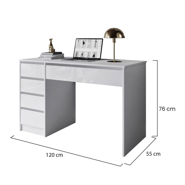 Scrivania Bianco Bianco Lucido 4 Cassetti Modulabile 120x55x143h cm, Fori Passacavi - Massico