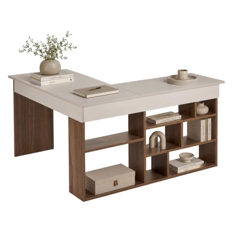 Scrivania Bianco Crema Marrone Noce Angolare 6 Ripiani 130x120x72h cm, 8 Vani - Altin