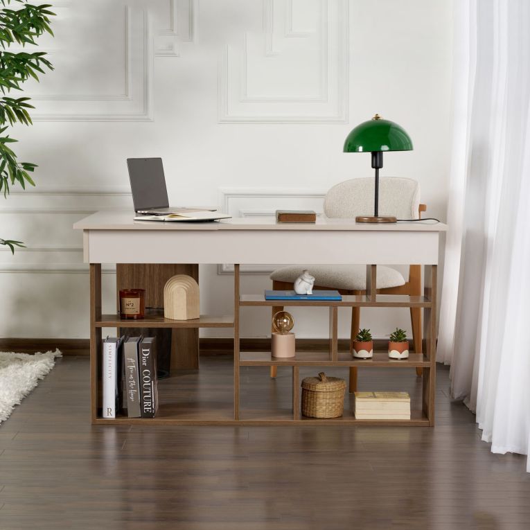 Scrivania Bianco Crema Marrone Noce Angolare 6 Ripiani 130x120x72h cm, 8 Vani - Altin