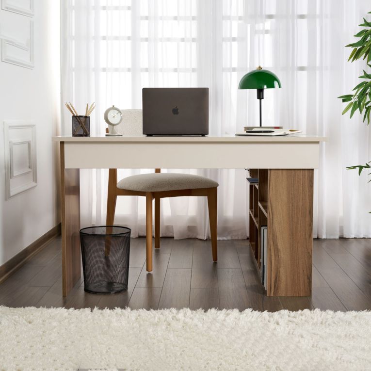 Scrivania Bianco Crema Marrone Noce Angolare 6 Ripiani 130x120x72h cm, 8 Vani - Altin