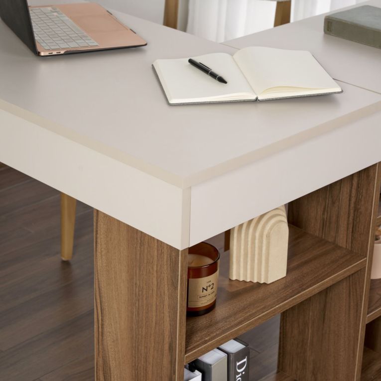 Scrivania Bianco Crema Marrone Noce Angolare 6 Ripiani 130x120x72h cm, 8 Vani - Altin