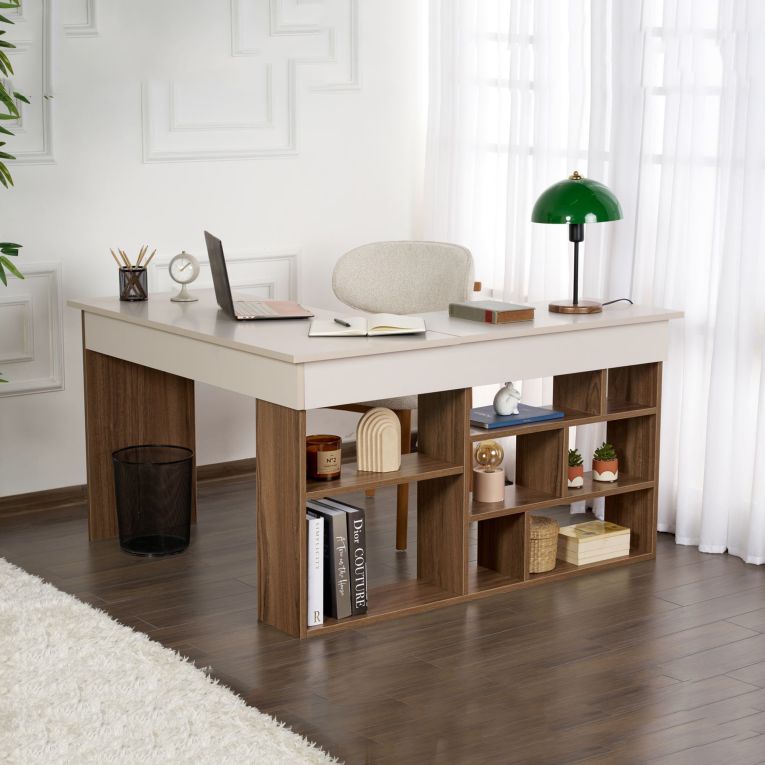 Scrivania Bianco Crema Marrone Noce Angolare 6 Ripiani 130x120x72h cm, 8 Vani - Altin