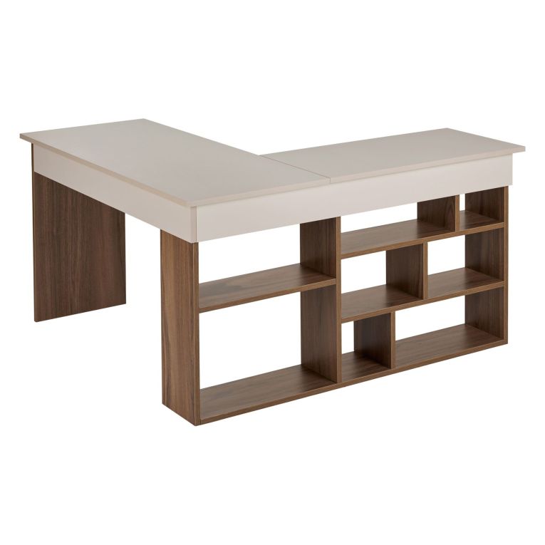 Scrivania Bianco Crema Marrone Noce Angolare 6 Ripiani 130x120x72h cm, 8 Vani - Altin