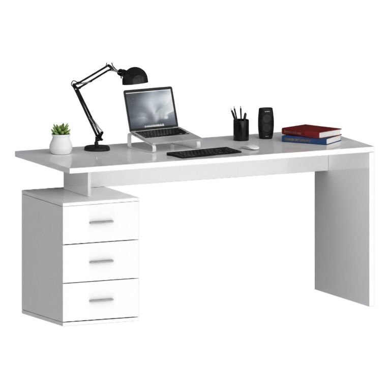 Scrivania Bianco Lucido Modulabile 3 Cassetti 160x60x75h cm, Ripiani - Abisse